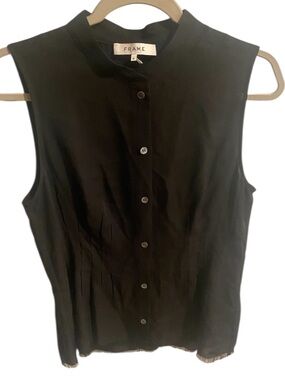 Frame Denim Black Sleeveless Mandarin Collar Button-Down Top Size Medium